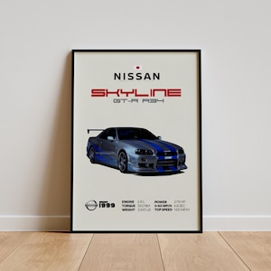 May include: Framed poster featuring a silver Nissan Skyline GT-R R34 car with blue racing stripes. The poster includes the car's specifications: engine, torque, weight, power, 0-60 mph time, and top speed. The year 1999 is also displayed.