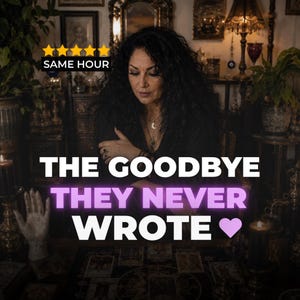 Könnte beinhalten: Das Bild zeigt eine Frau mit langen, dunklen Haaren und Schmuck, mit einem ernsten Gesichtsausdruck. Der Text "THE GOODBYE THEY NEVER WROTE" ist deutlich sichtbar. Das Bild hat ein mystisches Thema, mit Tarotkarten und Kerzen.