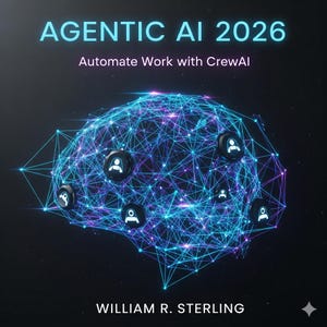 Może przedstawiać: Grafika cyfrowa z tekstem "AGENTIC AI 2026" i "Automate Work with CrewAI". Obraz przedstawia stylizowany mózg złożony z połączonych linii i węzłów, z małymi ikonami osób. Nazwisko autora, William R. Sterling, znajduje się na dole.