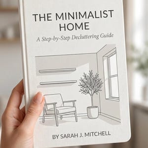 May include: A hardcover book titled "THE MINIMALIST HOME" with the subtitle "A Step-by-Step Decluttering Guide." The cover features a line drawing of a minimalist living room scene. The author's name is Sarah J. Mitchell.