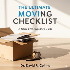 Może przedstawiać: Kartonowe pudełko z otwartymi klapami, zawierające białe papiery, stoi na drewnianej powierzchni. Tekst "THE ULTIMATE MOVING CHECKLIST" jest wyświetlany w kolorze niebieskim i czarnym. Rolka taśmy i czarny długopis znajdują się obok pudełka. Książka jest autorstwa dr. Davida R. Collinsa.
