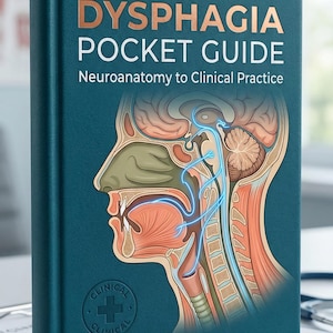 May include: A teal-colored book titled "THE ADULT DYSPHAGIA POCKET GUIDE" with the subtitle "Neuroanatomy to Clinical Practice." The cover features a detailed anatomical illustration of the head and neck. The authors' names, Yvette McCoy & Tiffani Wallace, are printed at the bottom.