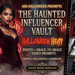Könnte beinhalten: Ein digitales Produkt mit dem Titel 400 HALLOWEEN PROMPTS THE HAUNTED INFLUENCER VAULT HALLOWEEN HEAT PHOTO + IMAGE-TO-IMAGE + VIDEO PROMPTS BONUS: HALLOWEEN LOOKBOOK INSTANT DIGITAL DOWNLOAD mit einer Person in einem dunkelroten Samtkleid.