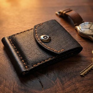 May include: A black leather wallet with a snap closure and orange stitching. A brown leather watch and a set of keys are next to the wallet. The items are on a wooden surface.