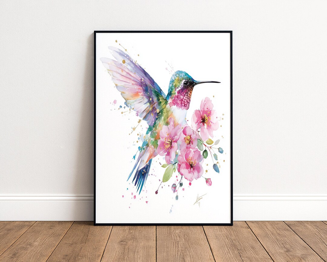 Colorful Hummingbird Wall Art, Watercolor Bird and Pink Floral Decor ...