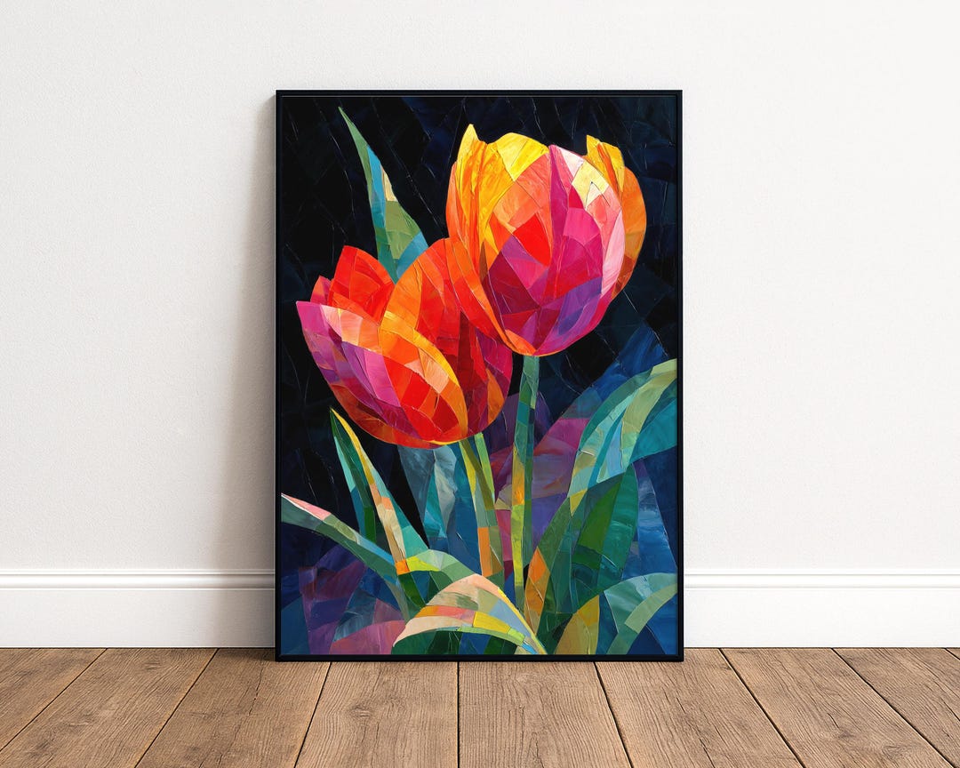 Modern Tulip Wall Art, Colorful Geometric Flower Decor, Abstract Floral ...