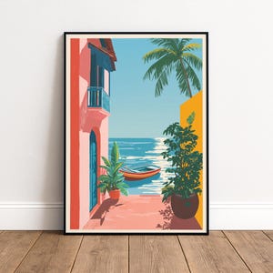 Puede incluir: Impresión artística enmarcada que representa una escena costera. La obra presenta un edificio rosa con un balcón y una puerta azules, una palmera y un pequeño barco en el agua. La paleta de colores incluye rosa, azul, verde y naranja.