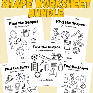 May include: A bundle of pre-K worksheets titled "Find the Shape Worksheet Bundle." The worksheets feature line drawings of various objects, with instructions to circle or identify shapes like ovals, circles, triangles, rectangles, and diamonds.