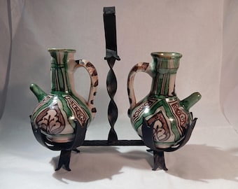 Punter Teruel ceramic oil vinegar set — wrought iron stand — Spanish medieval style — signed dated 1967 — Aragonese folk pottery