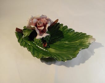 Capodimonte Porcelain Leaf Dish with Rose — Hand Painted, Made in Italy, Vintage Italian Ceramic Tray, Crowned N Mark Decorative Collectible
