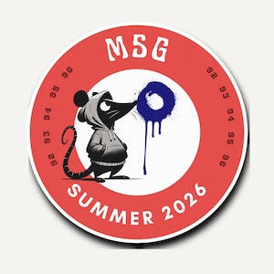 May include: A circular sticker with a red border featuring the text MSG at the top and SUMMER 2026 at the bottom. The center shows a black mouse wearing a gray hoodie, standing next to a blue spray-painted circle. The numbers 92 through 96 appear twice.