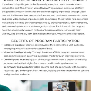 May include: A guide titled "ABOUT THE PROGRAM" with information on the Amazon Video Review Program. The text describes the program's benefits, including increased exposure, monetization, and community support. A smartphone is mounted on a tripod, displaying a computer screen.