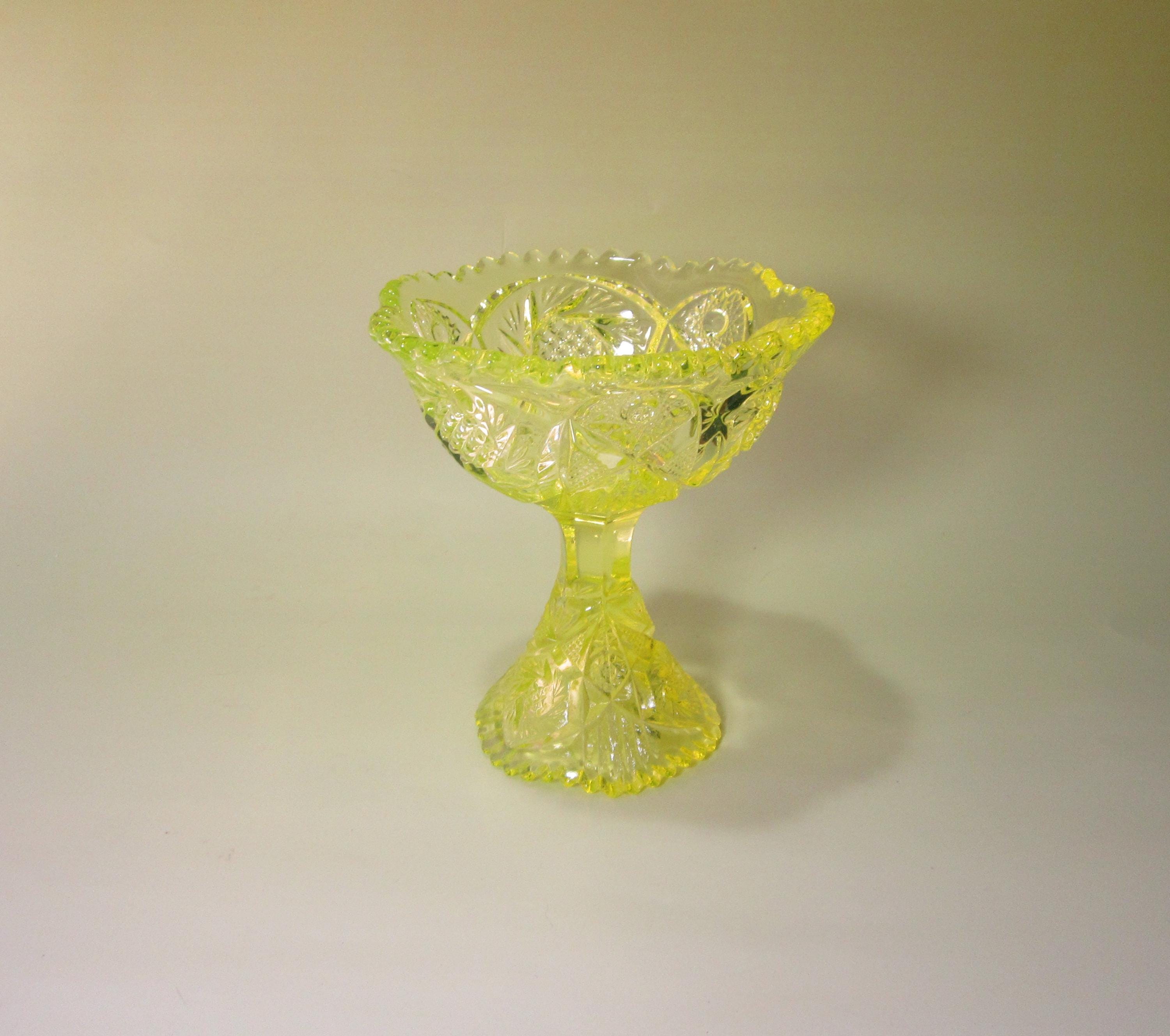 RARE Vintage Fenton Topaz Vaseline Glass Aztec Cut Pinwheel Compote ...