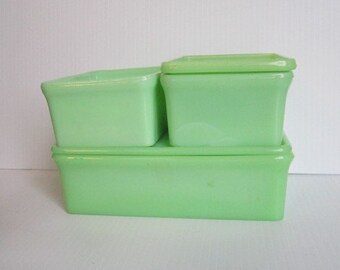 Vintage McKee Jadeite Set of Refrigerator Dishes Skokie Green