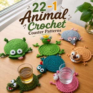 Può includere: Una collezione di sottobicchieri rotondi all'uncinetto a tema animale in vari colori, tra cui verde, verde acqua, arancione, grigio e rosa. Il testo 22-1 Animal Crochet Coaster Patterns è visualizzato sopra i sottobicchieri con volti e arti.