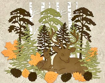 Woodland Paper Die Cuts: Deer Family, Trees, Leaves - Scrapbook Embellishments * Pack of 24pcs