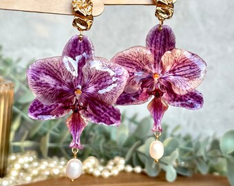 Boucles d'oreilles orchidée véritable | Bijoux faits main uniques | Boucles d'oreilles botaniques | Bijoux pour femmes | Boucles d'oreilles fleurs naturelles | Bijoux OOAK | Cadeau