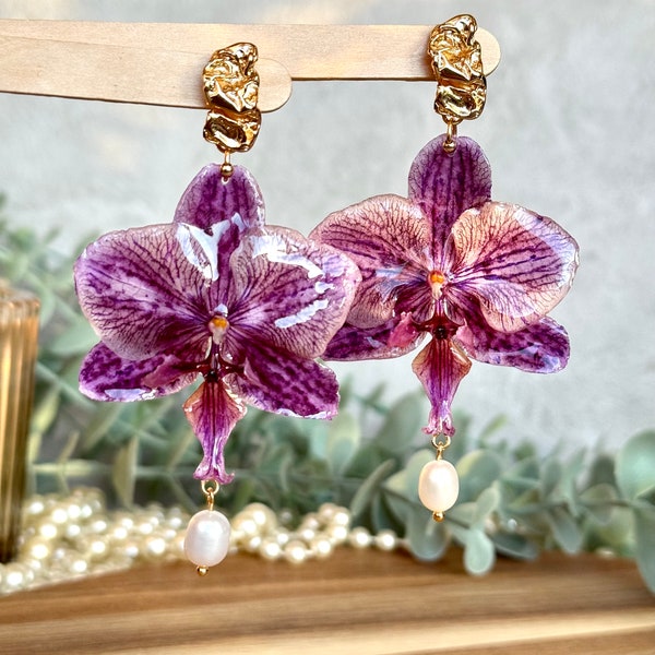 Boucles d'oreilles orchidée véritable | Bijoux faits main uniques | Boucles d'oreilles botaniques | Bijoux pour femmes | Boucles d'oreilles fleurs naturelles | Bijoux OOAK | Cadeau
