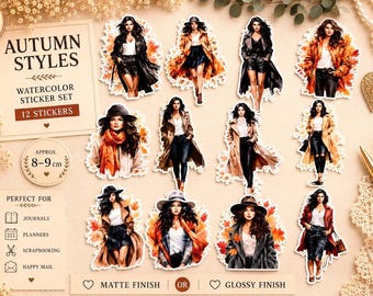 Autumn Fashion Girl Stickers: Scrapbook Planner Paper Embellishments, Junk Travel Journal Decorations *Set of 12* Cut out Stickers