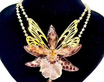 Echte Orchideenharz-Halskette – Gold Wing Botanical Necklace