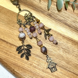 Bohemian Beaded Purse Bag Charm | Gemstone Keychain Charm | Rose Quartz | Botswana Agate | Woodland Charm Keychain | Gift for Her
