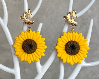 Sunflower Earrings | Polymer Clay Earrings |Dangle Butterfly Stud Earrings, Irish Made Earrings | Handmade Flower Earrings | Summer Jeweller