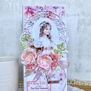 Erstkommunion Luxus Karte | Handgemachte religiöse 3D Karte | Mädchen Kommunion Grußkarte | Personalisierte Kommunion Karte | OOAK Karte