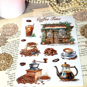 Feuille d'autocollants - L'heure du café | Stickers prédécoupés Kiss-Cut | albums, pages de scrapbooking, Junk Journal | Agenda hebdomadaire | Embellissement de carnet de voyage