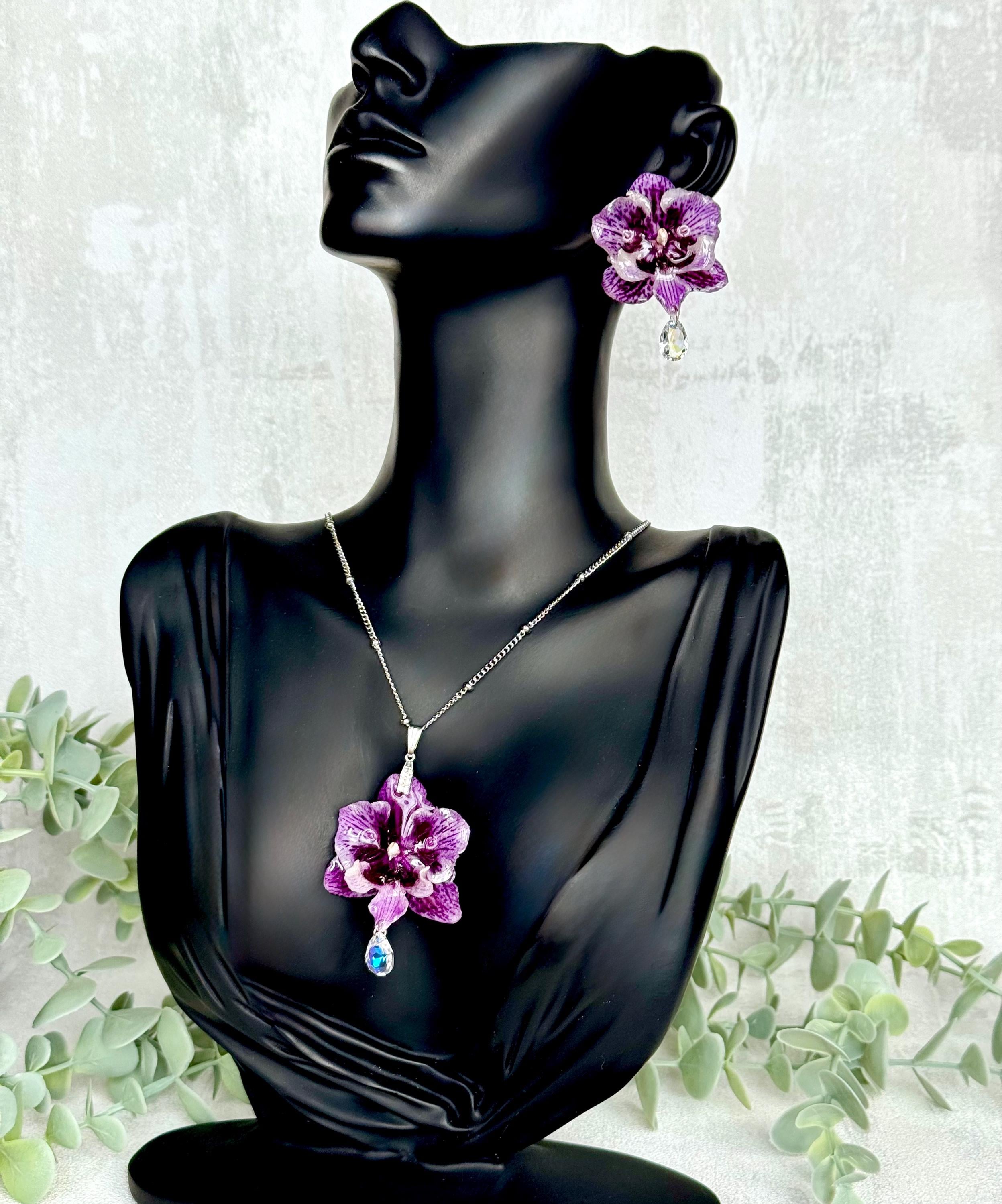 Collier orchidée véritable | Bijoux faits main uniques | Pendentif botanique | Bijoux pour femmes | Collier fleur nature | Boucles d'oreilles orchidée véritable