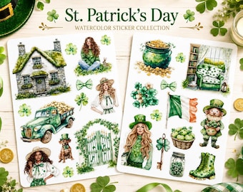 St. Patrick's Day Sticker Bogen: Kobolde, Kleeblätter, Cottagecore, irische Illustrationen, Scrapbooking, Junk Journal Verzierungen