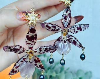 Real Orchid Earrings with Black Pearls | Gold Plated Floral Jewellery