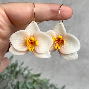 Handmade Polymer Clay Orchid Earrings: 18K Gold Plated Hoops