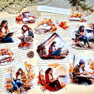 Set di 12 adesivi per letture autunnali / Adesivi ritagliati / Scrapbooking / Adesivi per diario spazzatura / Adesivi autunnali per pianificatori / Effimeri di carta