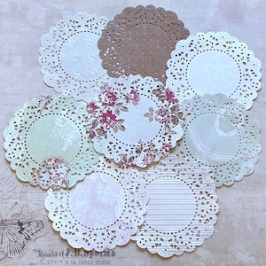 8 centrini Shabby Chic, carta fustellata, pagine di album, artigianato, arte alterata, supporti misti, abbellimenti con carta, decorazioni in cartoncino, diario spazzatura