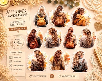Autumn Daydream Girls Stickers: Scrapbook, Junk Journal, Planner - Set of 10