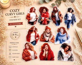 Gemütliche Aquarell-Sticker für kurvige Mädchen | 10 gestanzte Sticker | Gemütliche Winterästhetik | Sticker für Journale & Scrapbooks | Planer-Deko