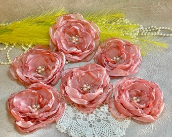 Large Dusty Pink Flower | Chiffon Fabric Flowers appliqué | Sew on Embellishments | Hair Pin Accessory | Brooch | Wedding Dress Belt