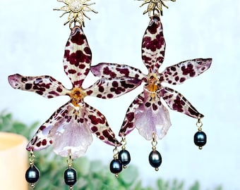 Echte Orchideen-Ohrringe mit schwarzen Perlen | Vergoldeter Blumenschmuck