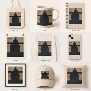 May include: A range of items displaying a minimalist design with a black silhouette figure and the words "blessed total grateful". The collection includes a tote bag, mug, notebook, poster, sweatshirt, phone case, wall art, cap, and throw pillow.