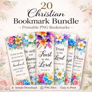May include: A bundle of 20 Christian bookmarks with floral designs and inspirational quotes. Each bookmark features colorful flowers and verses from the Bible. The text includes "Trust in the Lord" and "Peace I give you".