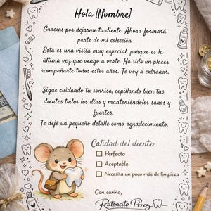 Könnte beinhalten: Eine handgeschriebene Notiz mit dem Text "Hola (Nombre)" und einer Nachricht über einen Zahn. Die Notiz ist mit Zeichnungen von Zähnen, Zahnbürsten und Zahnpasta verziert. Eine Cartoon-Maus hält einen Zahn. Ein Bleistift und kleine Goldmünzen sind ebenfalls zu sehen.
