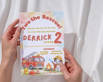 Firetruck Birthday Invitation | Two the Rescue, Editable Canva Template (Digital Download)