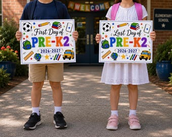 First and Last Day of Pre-K2 Sign, Colorful Preschool Graduation Poster (Instant Download)