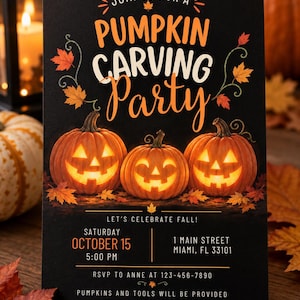 May include: A black rectangular invitation card featuring the text JOIN US FOR A PUMPKIN CARVING PARTY. It displays three glowing jack-o'-lanterns surrounded by orange and yellow autumn leaves. Details include Saturday October 15 5:00 PM at 1 Main Street Miami FL 33101.