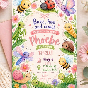 Redigerbar insektsfödelsedagsinbjudan, akvarell insektsfestinbjudan, barn Canva-mall (digital nedladdning)