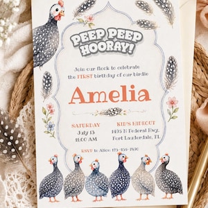 May include: A charming birthday invitation with a watercolour design. The invitation features the text "Peep Peep Hooray!" and "Amelia" in a playful font. Adorned with illustrations of guinea fowl, feathers, and floral accents. The date and time are also included.