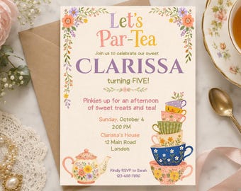 Tea Party Birthday Invitation, Let’s Par-Tea, Editable Canva Template (Digital Download)