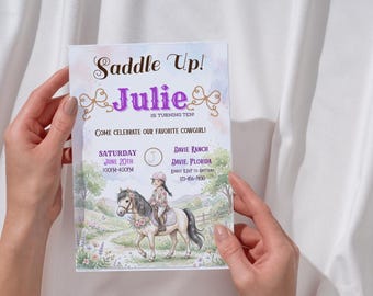 Bearbeitbare Pferdegeburtstagseinladung, Cowgirl-Party einladen, westliche Kindervorlage Asiatisches Mädchen (Digitaler Download)