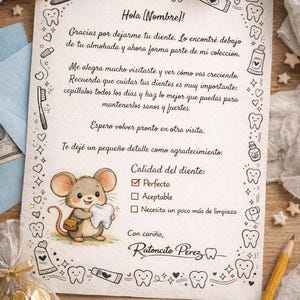 May include: A charming letter from Ratoncito Pérez, with a cartoon mouse holding a tooth. The Spanish text includes a tooth quality check and a small gift of coins. The scene is set on a wooden surface with decorative elements, including a pencil.