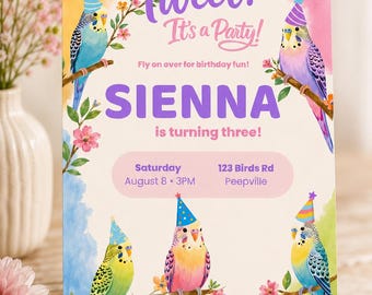 Einladung zum Wellensittich-Geburtstag mit Aquarellmotiv, Einladung zur Wellensittich-Party (5x7 Digitaler Download)